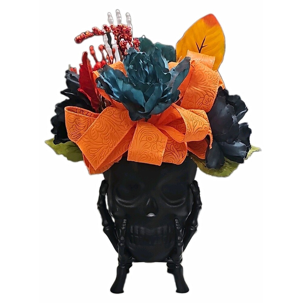 Halloween Artificial Hydrangea Flower Arrangement Black Skull Vase Orange Ribbon
